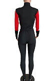 Casual Sporty Polyester Long Sleeve Contrast Binding Elastic Waist Waist Tie Unitard Jumpsuit WA7075