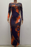 Casual Polyester Tie Dye Long Sleeve Round Neck Mid Waist Long Dress YS411
