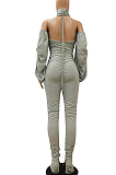 Sexy Polyester Pure Color Halterneck Heap Heap Sleeve Shirred Detail Bodycon Jag Jumpsuit CM778