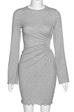 Aural side long sleeve round collar personalized hollow-out wrap buttock slim dress