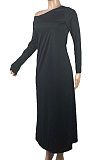 Black Autumn Oblique Shoulder Long Dress For Daily Wear YLY887
