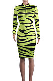 Zipper Long Sleeve Bodycon Zebra Print Pencil Dress YLY2316