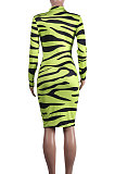 Zipper Long Sleeve Bodycon Zebra Print Pencil Dress YLY2316