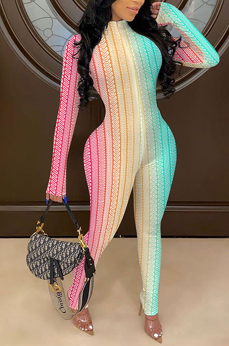 Casual Polyester Rainbow Printing Long Sleeve Bodycon Jumpsuit NK164
