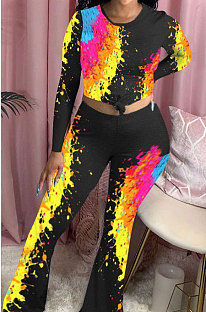 Long Sleeves Casual Top Wide Legs Pants Positioning Printing Set 2pcs AFY693
