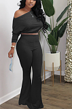 Casual Simplee Batwing Sleeve Notched Neck Elastic Waist Flare Leg Pants Sets 