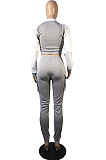 Casual Preppy Sporty Long Sleeve Lapel Neck Elastic Waist Contrast Panel Crop Top Sweat Pants Sets 