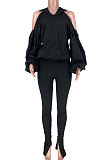 Sexy Polyester Shirred Bubble sleeve Backless Detail Hoodies Long Pants HR8135