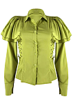 Green Casual Elegant Simplee Long Sleeve Lapel Neck Flounce Belted Babydoll Blouse