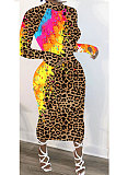 Polyester Long Sleeve Leopard print Round Neck Mid Waist Long Dress NK159