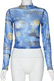 Long - sleeved round - necked printed gauze Shirt with navel trimmer finish