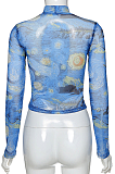 Long - sleeved round - necked printed gauze Shirt with navel trimmer finish