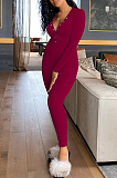 Sexy Pure Color Deep V Neck Long Sleeve Button Front Bodycon Jumpsuit