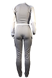 Casual Preppy Sporty Long Sleeve Lapel Neck Elastic Waist Contrast Panel Crop Top Sweat Pants Sets 