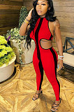 Sexy Polyester Sleeveless Halterneck Self Belted  Bodycon JumpsuitsED8283