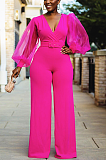 Sexy solid-color V-neck mesh lantern sleeve with belt jumpsuit