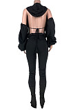 Sexy Polyester Shirred Bubble sleeve Backless Detail Hoodies Long Pants HR8135