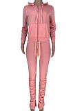 Sporty Polyester Long Sleeve Shirred Detail Hoodie Sets HR8137