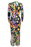 Polyester Printing  Round Neck Tassel Hem Mid Waist Long Sleeve Long Dress NK163