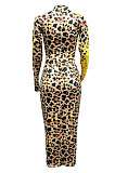 Polyester Long Sleeve Leopard print Round Neck Mid Waist Long Dress NK159