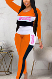Casual Preppy Letter Long Sleeve Round Neck Contrast Panel Long Pants Sets 