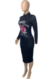 Casual Polyester Floral Long Sleeve High Neck Long Dress ML7368