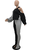 Casual Cute Simplee Off Shoulder Contrast Panel Puff Sleeve Hoodie Pants Sets YX9236