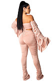 Ruffle Women Hot Solid Sets Strapless Crop Top + Skinny Pants YF8691