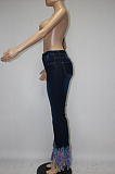 Casual Polyester Skinny Tassel Hem Mid Waist Long Pants High Stretch Jeans XQ1004