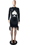 Casual Simplee Pop Art Print Long Sleeve Round Neck Knotted Strap Mini Dress 