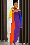 Polyester Long Sleeve V Neck Waist Tie High Waist Contrast color Long Dress YFS1105