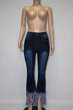 Casual Polyester Skinny Tassel Hem Mid Waist Long Pants High Stretch Jeans XQ1004