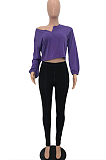 Casual Sporty Simplee Long Sleeve V Neck Off Shoulder Crop Top High Waist Pants Sets YX9233