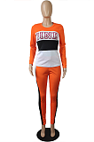Casual Preppy Letter Long Sleeve Round Neck Contrast Panel Long Pants Sets 