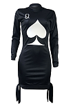 Casual Simplee Pop Art Print Long Sleeve Round Neck Knotted Strap Mini Dress 