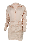Basics Simplee Long Sleeve Stand Collar Shirred Detail Ruffle Mini Dress YYZ515
