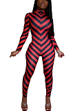 Casual Simplee Striped Chevron Long Sleeve Round Neck Bodycon Jumpsuit TZ1151