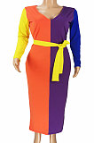 Polyester Long Sleeve V Neck Waist Tie High Waist Contrast color Long Dress YFS1105