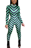 Casual Simplee Striped Chevron Long Sleeve Round Neck Bodycon Jumpsuit TZ1151