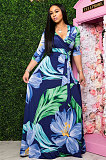 Floral Printed V Collar Sexy 3/4 Sleeve Floor Length Dress A8573