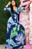 Floral Printed V Collar Sexy 3/4 Sleeve Floor Length Dress A8573