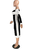 Casual Polyester Geometric Graphic Long Sleeve Halterneck A word shoulder Long Dress W8328
