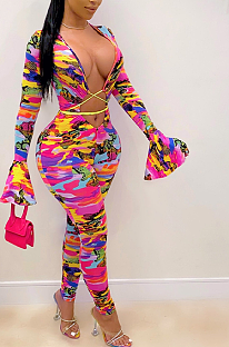 Elegant Sexy Camo Long Sleeve Self Belted Flounce Hollow Out Bodycon Jumpsuit CCY8690