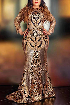 Luxe Elegant Baroque Long Sleeve Round Neck Spliced Long Dress ccy8199