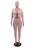 Cute Sexy Simplee Long Sleeve Round Neck Tie Front Babydoll Blouse Long Pants Sets CCY8694