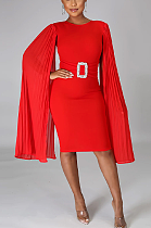 Modest Elegant Simplee Long Sleeve Round Neck Belted A Line Dress CCY8672