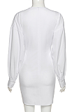 Modest Elegant Simplee Long Sleeve V Neck Lantern Sleeve Self Belted A Line Dress YME1738484