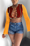 Cute Boho Sexy Colorblock Long Sleeve Round Neck Self Belted Spliced Crop Top 