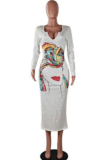 Elegant Polyester Long Sleeve Notched Neck Long Dress SMY8036