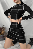 Casual Sexy Simplee Patchwork Long Sleeve High Neck Spliced A Line Skirt Sets YME1738534